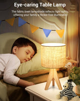 DEWENWILS Mid Century Table Lamps, Small Wooden Tripod Bedside Lamps with Linen Fabric Shade, Nightstand Lamp for Nursery, Bedroom, Kids Room, Side Table, Reading Desk, 14.2 Inch, 2 Pack DEWENWILS