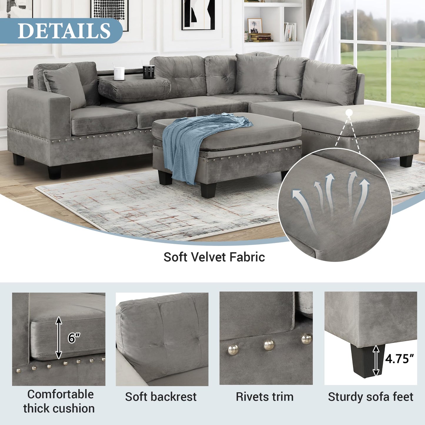 P PURLOVE Sectional Sofa Couch with Reversible Chaise and Ottoman, Polyester L-Shape Couch with 2 Pillows and Cup Holder, Sectional Sofas for Living Room (Gray)