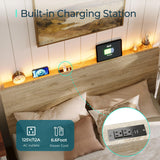 LINSY Wood Bed Frame, Queen Bed Frame with Headboard LED, Wooden Platform Frames with Charging Station, No Box Spring Needed, Easy Assembly, Natural Wood LINSY