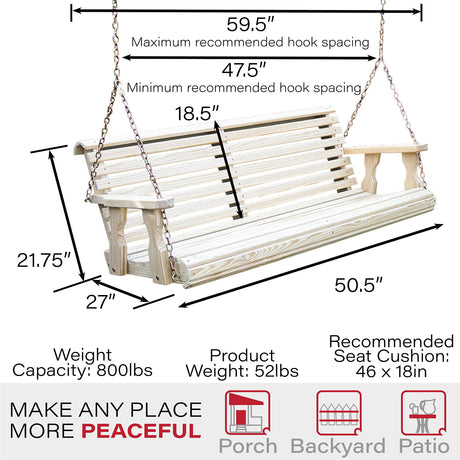 Amish Casual Heavy Duty 800 Lb Roll Back Treated Porch Swing with Hanging Chains (4 Foot, Unfinished) Amish Casual