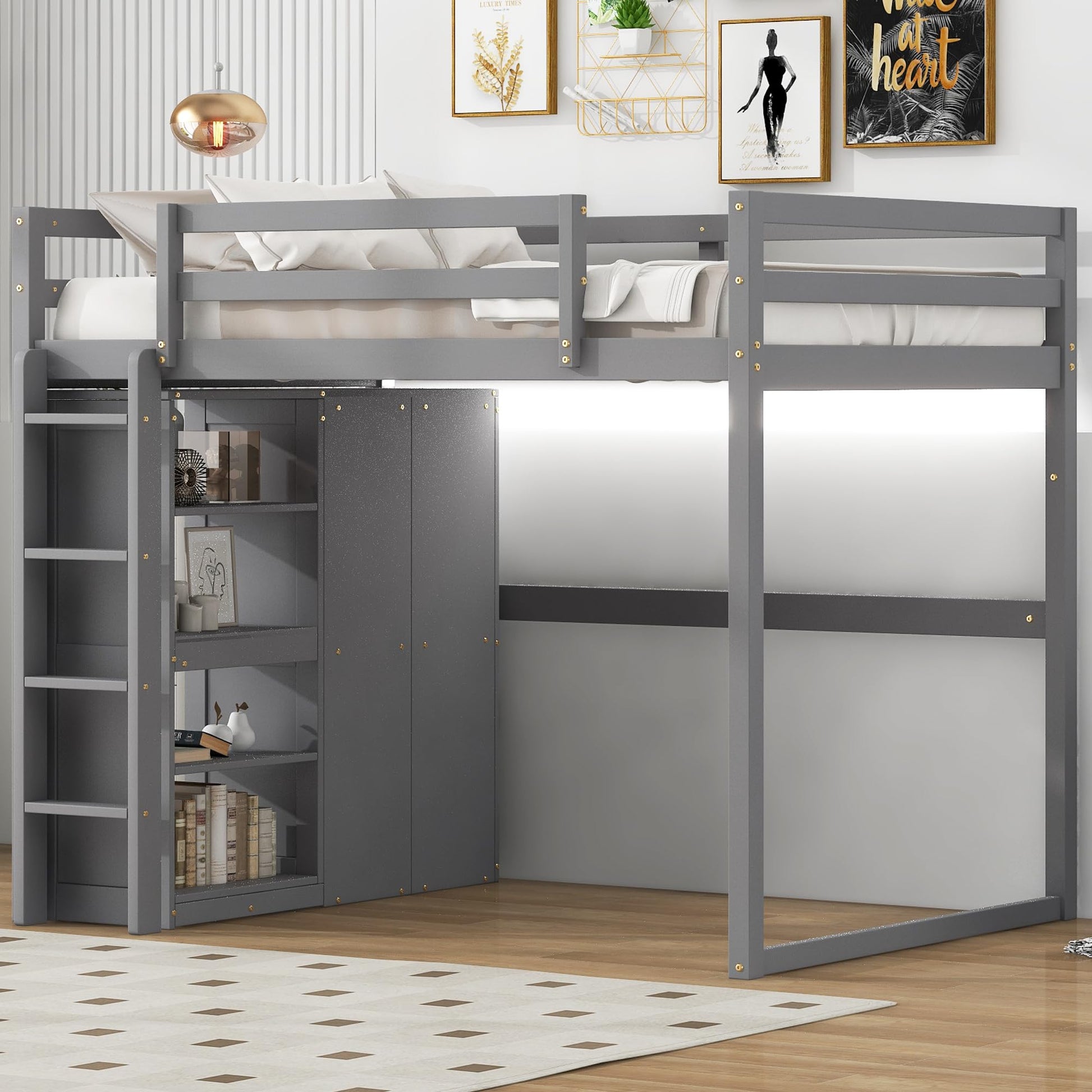 Contemporary Gray Full Size Loft Bed with Integrated Wardrobe and Storage, LED Light & Guardrails - WoodArtSupply