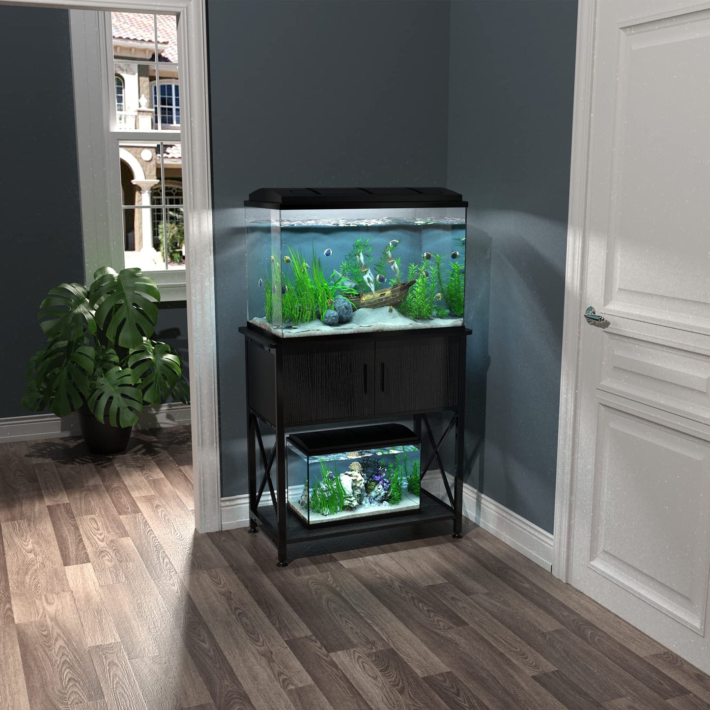 20 Gallon Fish Tank Stand, Metal Aquarium Stand 20 Gallon with Cabinet Storage,28.7" L*16.5" W Tabletop,330LBS Capacity Black