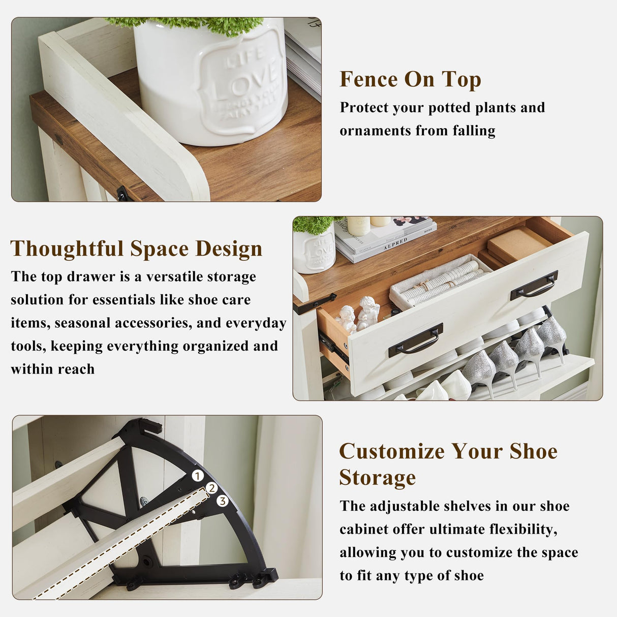 OKD Shoe Storage Cabinet with 2 Flip Drawers, Farmhouse Entryway Shoe Organizer with Drawer, Freestanding Rustic Hidden Shoe Rack Cabinet for Entryway, Antique White OKD