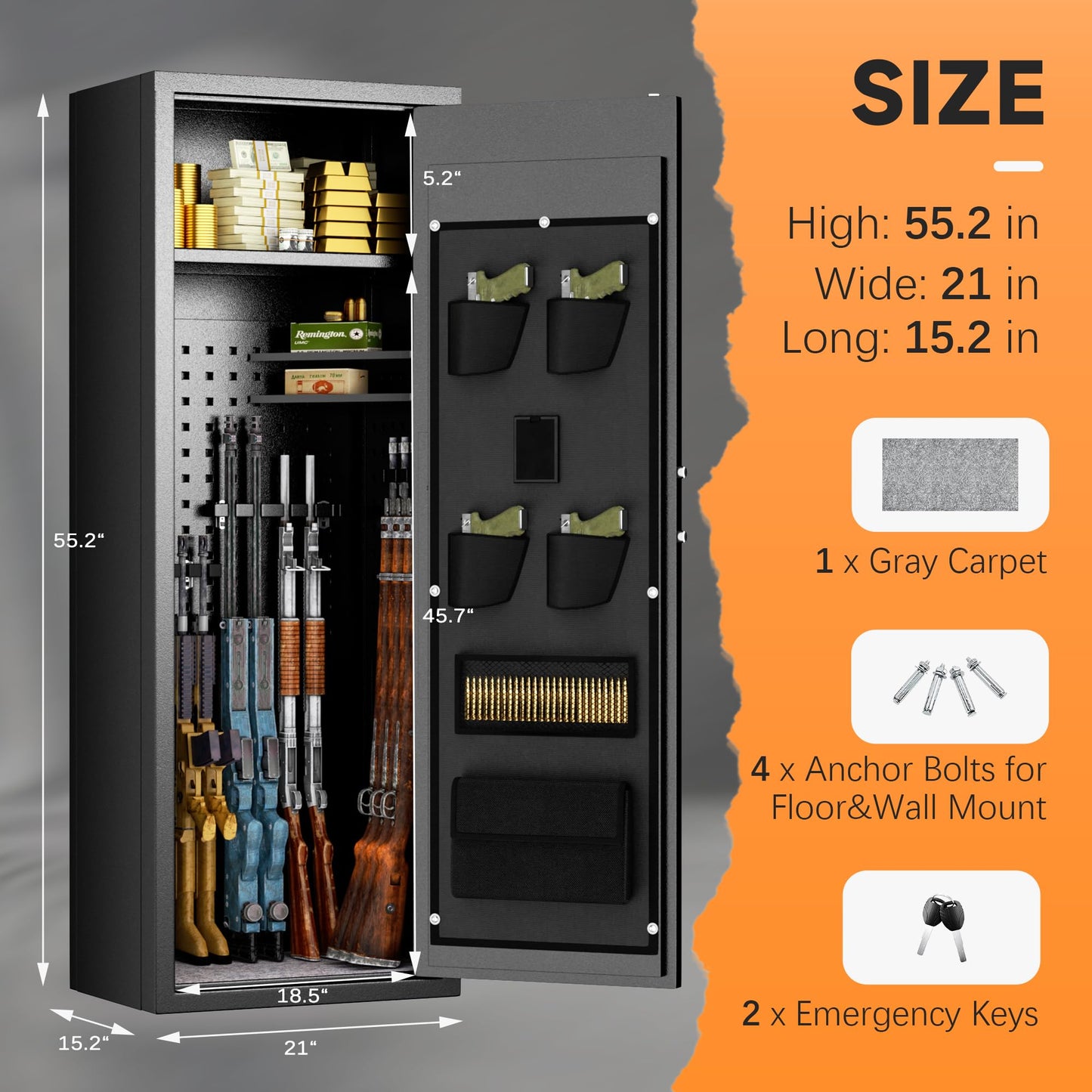 Bonusall 10-14 Gun Safe，Gun Cabinet for Rifles and Shotguns,Metal Long Gun Cabinet for Rifles with Quick Access Fingerprint, LED Lights, 3 Adjustable Shelves,Pockets - WoodArtSupply