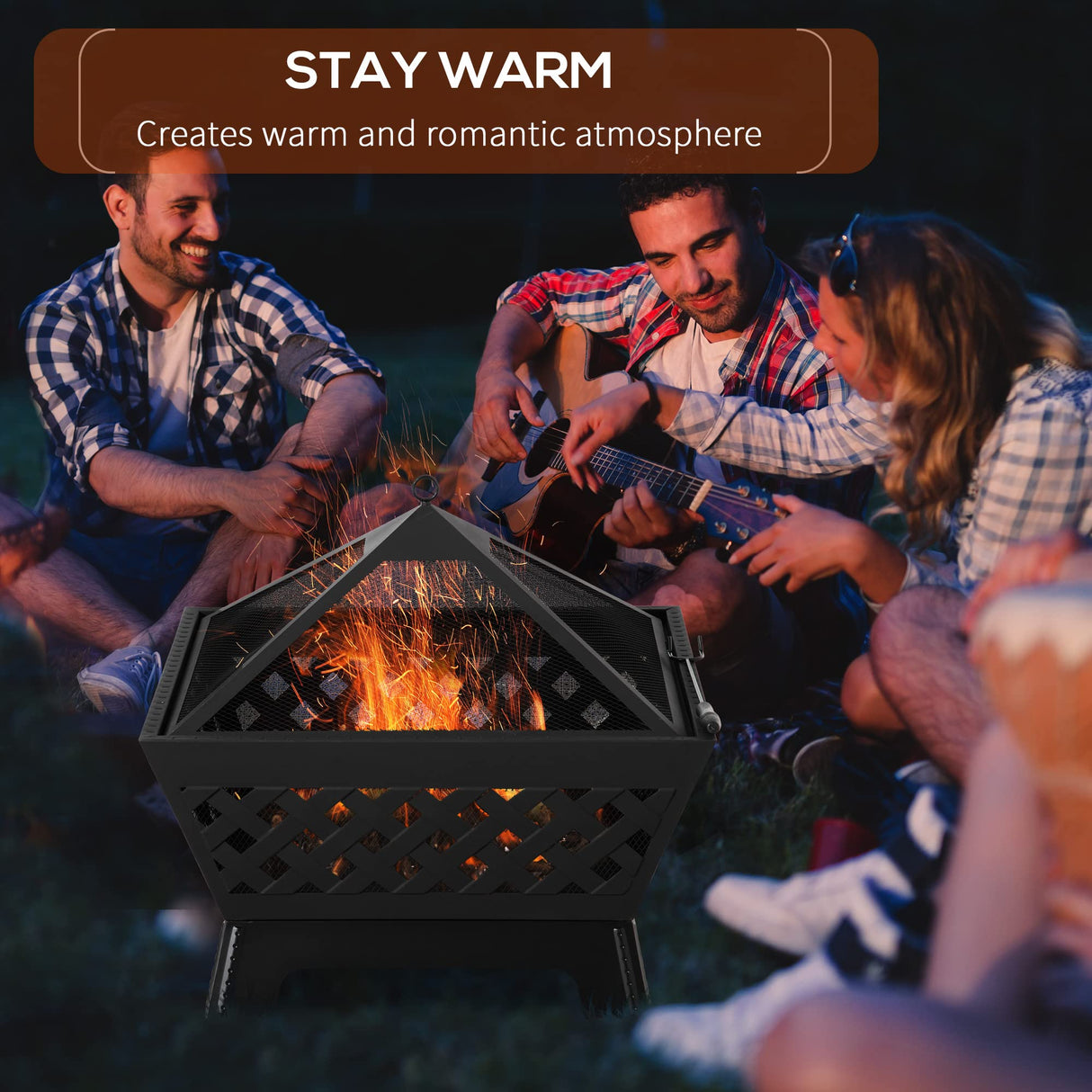 Outsunny 26 Inch Outdoor Fire Pits, Bonfire Wood Burning Firepit Bowl, Camping Fire Pit with Spark Screen Cover, Poker for Patio, or Backyard, Black Outsunny