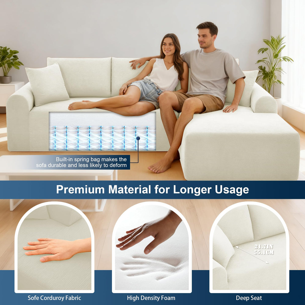 103'' Modular Sectional Sofa Cloud Couch Sectional with L-Shape Chaise, Modern Corduroy Modular Couch Sofa Bed with Throw Pillows, No Assembly Needed for Living Room, Right Facing Chaise, Beige Zyerch