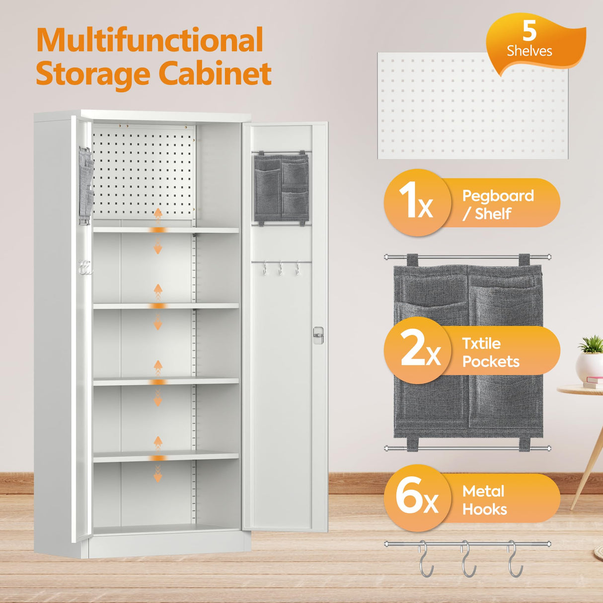 GLADIW Garage Storage Cabinet, Metal Storage Cabinet with Lockable Doors and 5 Adjustable Shelves, Tool Cabinet with Pegboard for Garages, Offices and Tool Rooms, Gray GLADIW