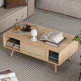Forsho Rattan Coffee Table Mid Century Modern Coffee Table with Storage 41.3 Inch Wooden Accent Center Sofa Table with Sliding Woven Door Panel and Solid Wood Legs Perfect for Living Room Forsho
