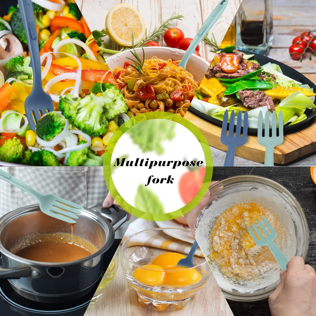 Mixweer 2 Pcs Silicone Flexible Fork 11.6 Inch Silicone Heat Resistant Cooking Fork Large Kitchen Non Stick Spork Ultimate for Mix Ingredients, Mash Food, Whisk Eggs, Baking(Blue Series) Mixweer