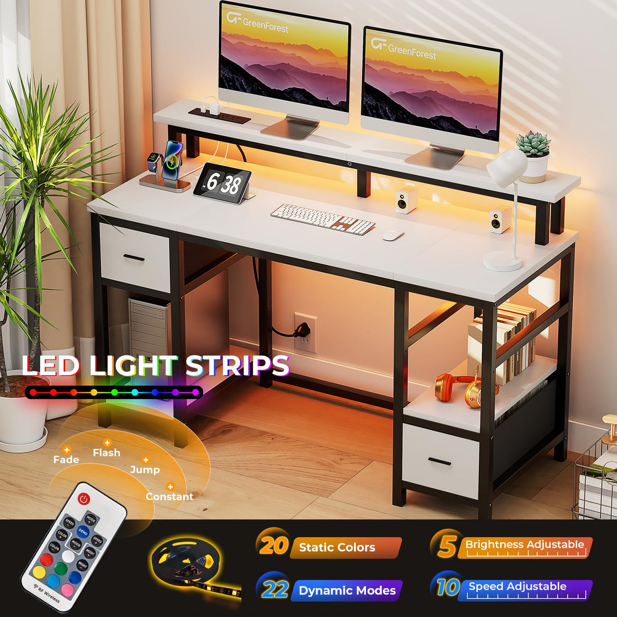 GreenForest Computer Desk 50 Inch with Monitor Stand and LED Lights, Gaming Desk with 2 Fabric Drawers and Power Outlets, Office Desk with Shelves, White GreenForest