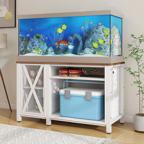 YITAHOME Heavy Duty 55-75 Gallon Aquarium Stand with Power Outlets, Cabinet for Aquarium Accessories Storage - Metal Fish Tank Stand Suitable for Fish, Turtle Tank, 880LBS Capacity, White YITAHOME