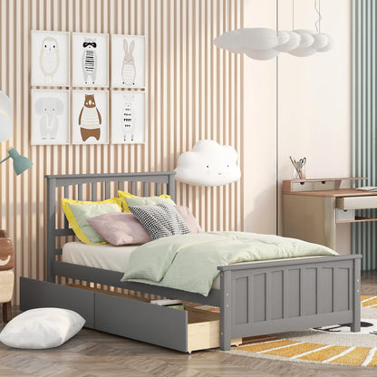 Harper & Bright Designs Light Grey Twin Bed Frame with Storage Drawers - Solid Wood Platform Bed, No Box Spring Needed - WoodArtSupply