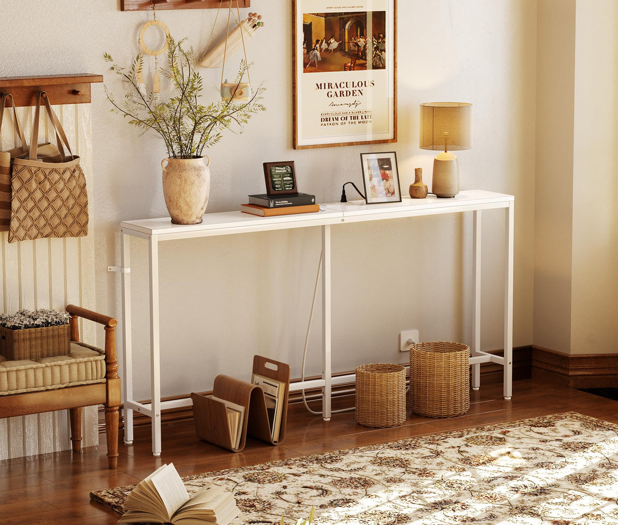 SUPERJARE Console Table with Outlet, 63 Inch Sofa Table with Charging Station, Narrow Entryway Table, Skinny Hallway Table, Behind Couch Table, for Living Room, Plants, White SUPERJARE