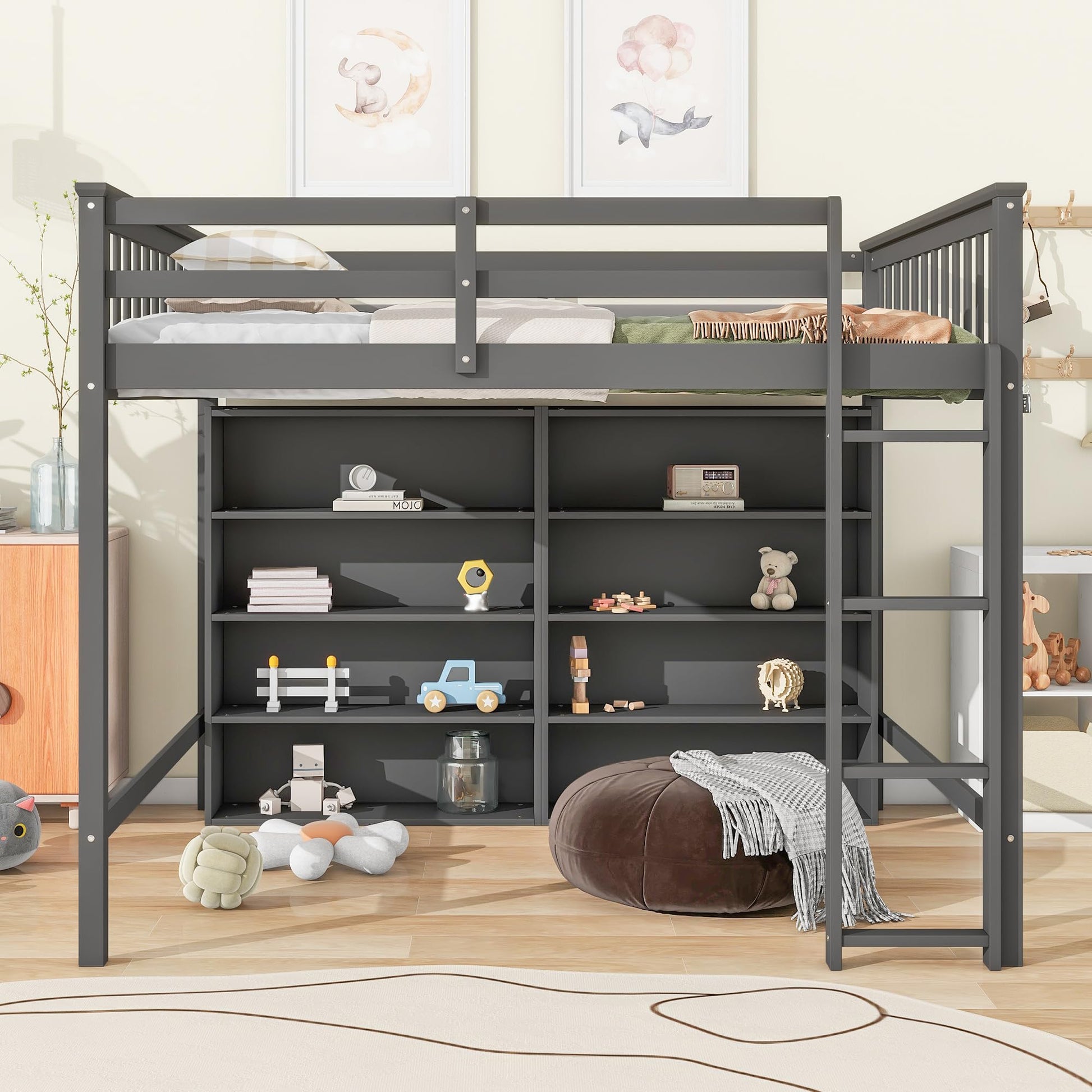 Harper & Bright Designs Gray Full Size Loft Bed with Storage Shelves and Built-in Ladder - WoodArtSupply