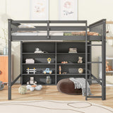 Bekeknlny Full Size Gray Loft Bed with 8 Open Shelves and Built-in Ladder Bekeknlny