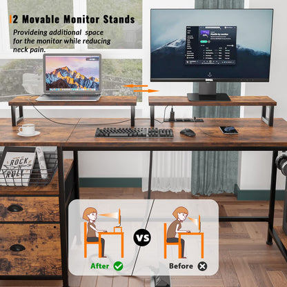 Furologee Desk with Drawer and Power Outlets, 55" Large Compter Desk with Fabric File Cabinet and 2 Movable Monitor Shelf, Writing Gaming Table with CPU Stand and 2 Hooks for Home Office, Rus - WoodArtSupply