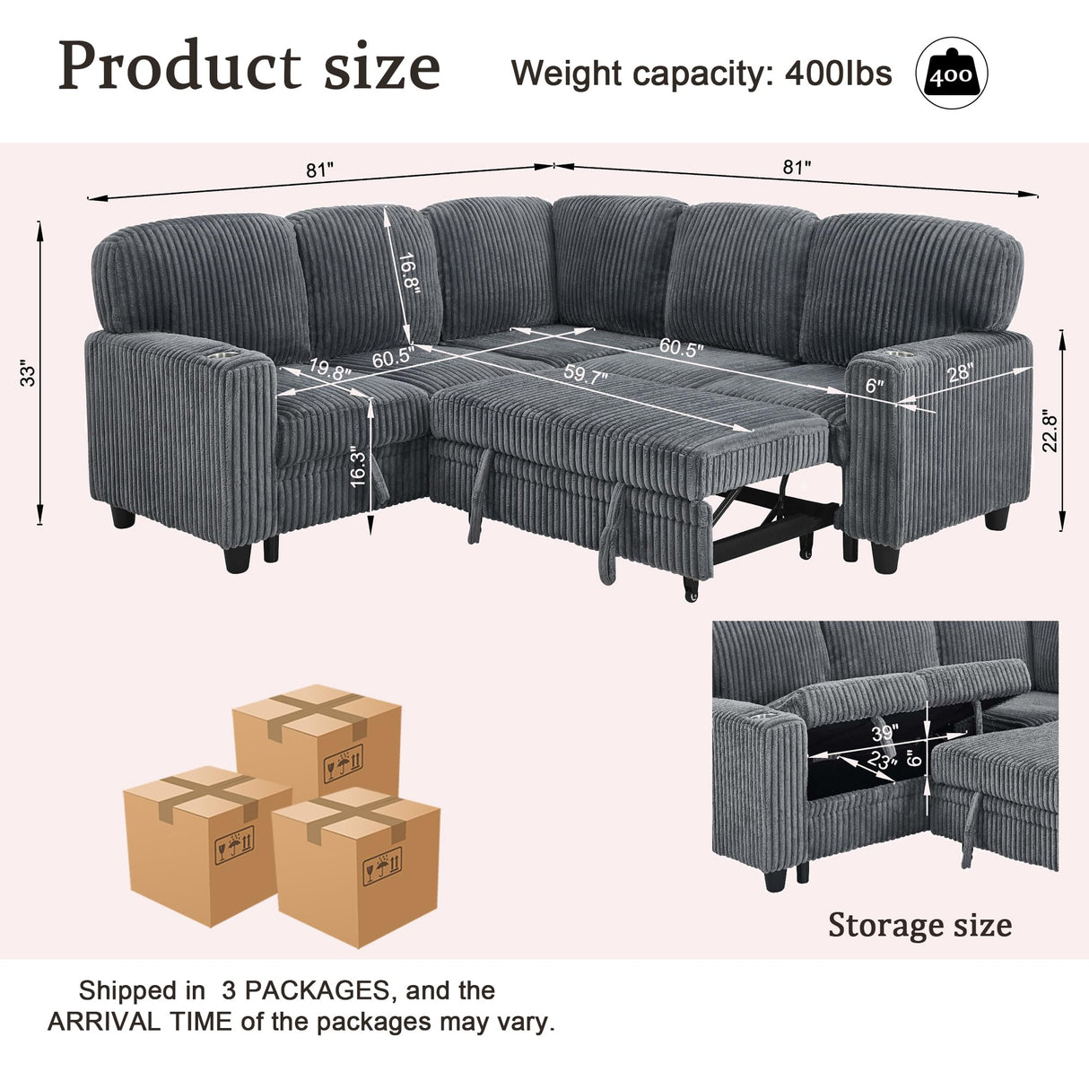 Ball & Cast L-Shaped Sleeper Sofa Bed,5 Seater Sectional Couch with Pull Out Bed and USB Charging,Cupholders & Storage Seats,Convertible Sofa Bed for Living Room,Apartment,Corduroy Fabric,Gray,81" Ball & Cast