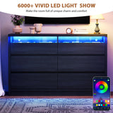 Jocoevol Large 6 Drawer Dresser for Bedroom with LED Light, Modern Chest of Drawers with Hidden Handles, Long Double Wooden Dresser Closet for Living Room, Entryway, Hallway - Black Jocoevol