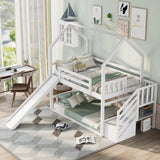 Twin Over Twin House Bunk Bed with Convertible Slide, Multifunctional Wood Bed Frame with Storage Staircase, Solid Wood Bunk Bedframe with Full-Length Guardrail for Teens Adults, Guest Room, White Janusline