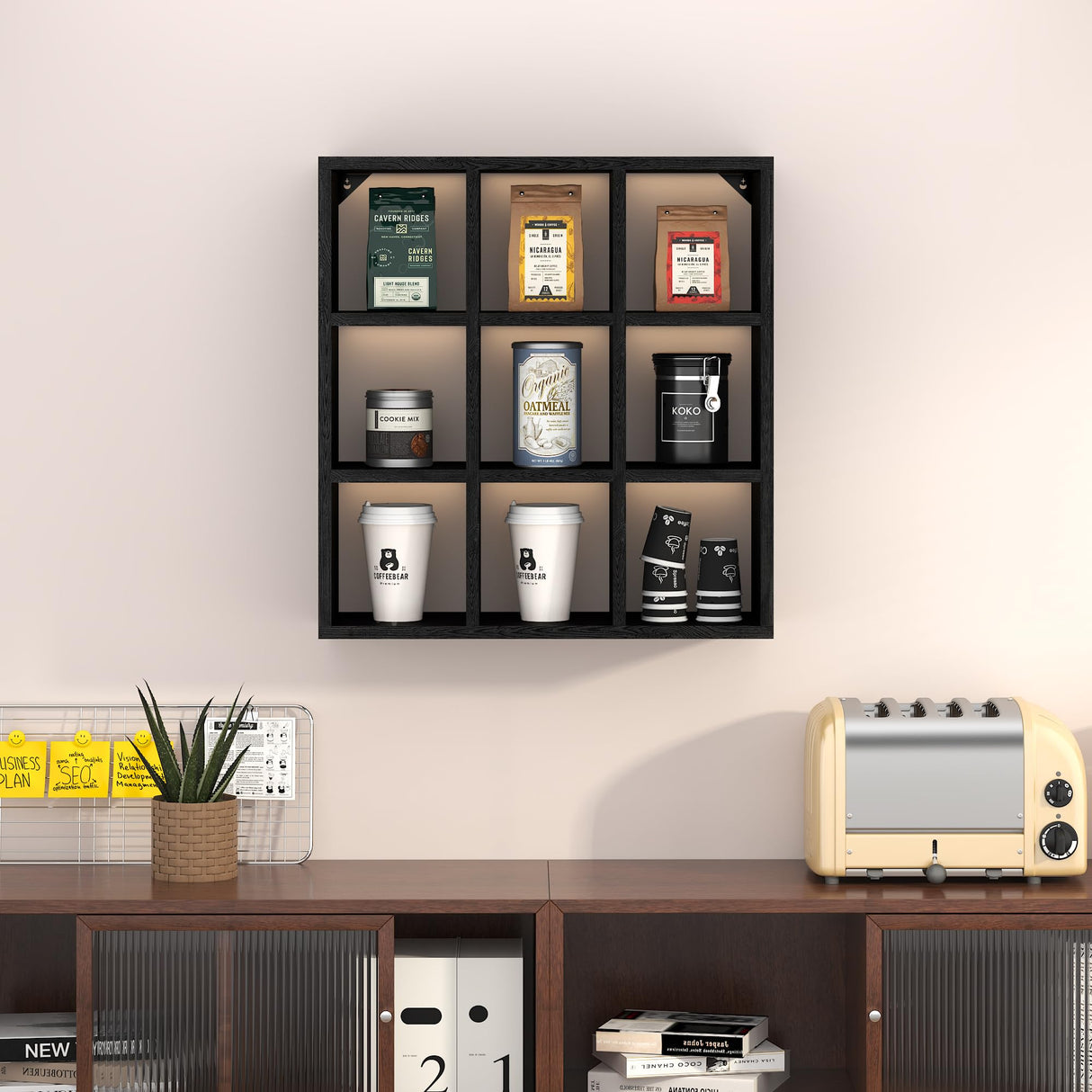 Helsin 9 Grid Vintage Coffee Mug Display Rack, 16inch Wall Mounted Wooden Curio Shadow Box Shelf, Cup Floating Shelves Display and Organizer (Black) Helsin