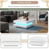 LED Coffee Table for Living Room, 2 Tier Modern Square Middle Center Table, Unique High Gloss Coffee Table with 16 Colors LED Lights & Remote Control, for Home Party Office Reception Room, White GlowSpark
