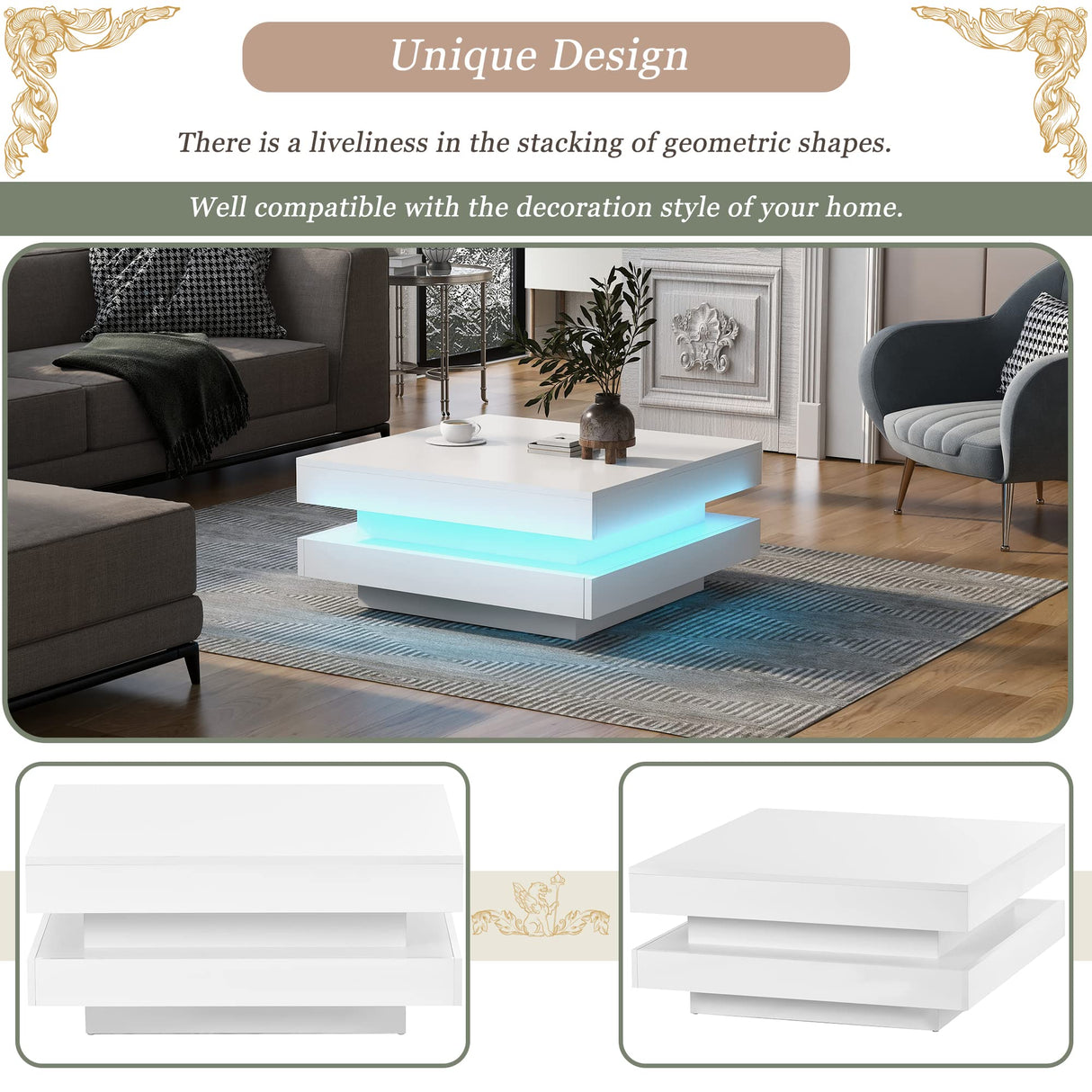 RuiSiSi Modern Coffee Table, High Gloss Minimalist Design with LED Lights, 2-Tier Square Coffee Table, Center Table for Living Room, 31.5” x 31.5” x 14.2”, White RuiSiSi