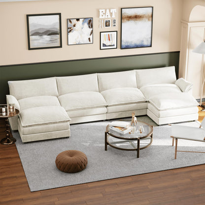 Shahoo Sectional Modular Sofa U Shaped Chenille Fabric Couch with High Supportive & Soft Sponges and Removable Ottoman, Sleeper Comfy Upholstered Furniture for Living Room, White