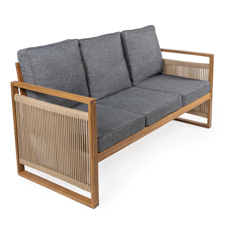 JONATHAN Y SFB1002B Gable 3-Seat Mid-Century Modern Roped Acacia Wood Outdoor Sofa with Cushions Scandinavian, Classic, Transitional, Industrial for Backyard, Patio, Porch, Gray/Teak Brown JONATHAN Y