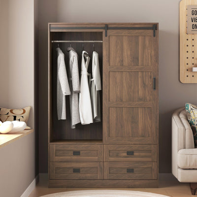 Bedroom Armoire Wardrobe Closet with Drawers Open Shelves for Clothes,Wood Wardrobe with Sliding Door High Hanging Rod (Walnut)