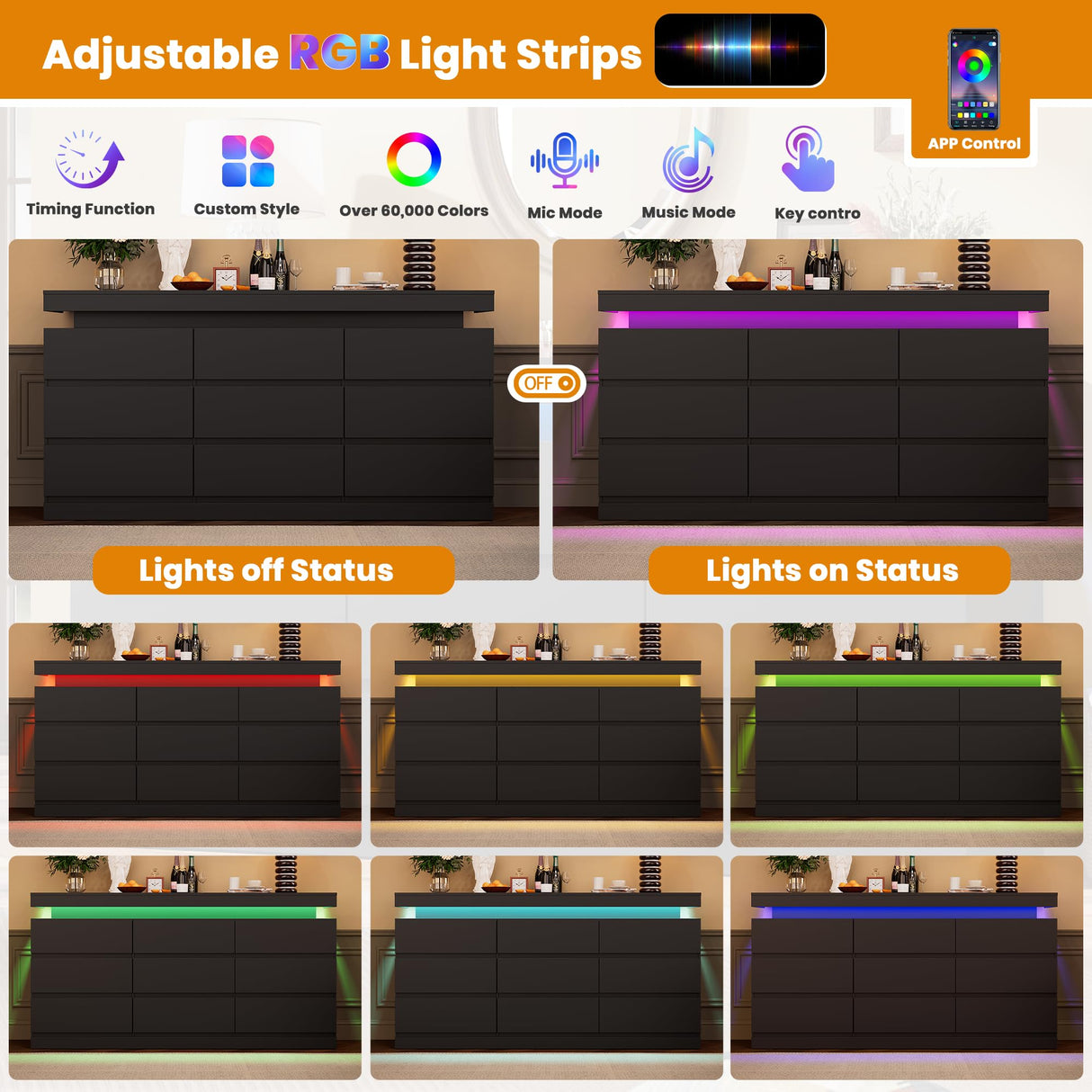 Garvee 9 Drawer Dresser for Bedroom - 63” Wide Chest of Drawers with LED Light and Charging Station, Large TV Stand Multi-Function Home Organizer for Living Room, Entryway, Hallway, Black Garvee