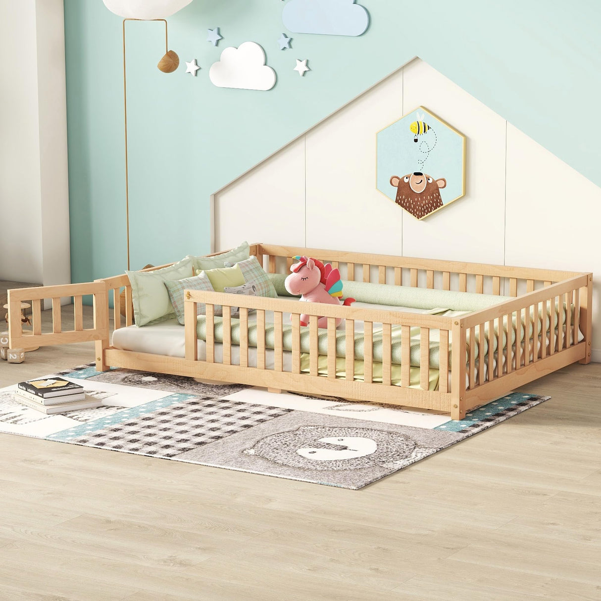 A ALFRESCOOL Full Size Montessori Floor Bed with Safety Guardrails and Convertible Door, Sturdy Pine Wood Floor Bed Frame with Wooden Supports Slats for Toddlers Kids Girls Boys Bedroom (Natural) A ALFRESCOOL