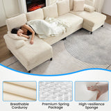 Mjkone 4 Seater Sectional Sofa Couches for Living Room Sets Furniture, 112" Width U-Shaped Corduroy Living Sofa Set with Double Chaises, Sleeper Couch Set with Pillows for Home, Loft, Apartment, Beige Mjkone