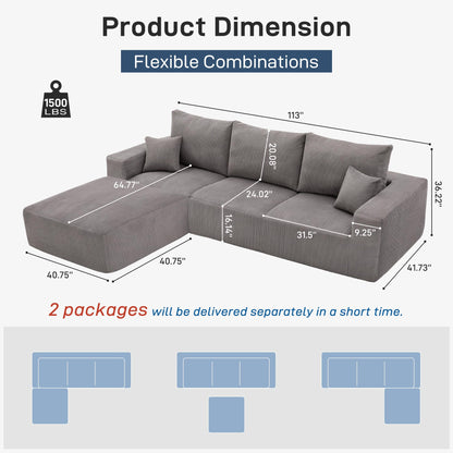 Sectional Modern Sleeper Sofa Couches for Living Room-113'' Grey 3 Seater L-Shaped Lounge Cloud Couch-No Assembly Modular Corduroy Convertible Sponge Compression Sofas with Chaise for Home House