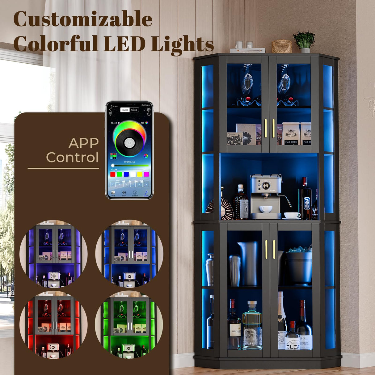 71'' Corner Wine Bar Cabinet with LED Lights,5-Tier Tall Home Liquor Coffee Bar Cabinet W with Tempered Glass Door & Glasses Rack, Alcohol Cabinet Storage Hutch for Kitchen, Living Room, Dining Room Loomie