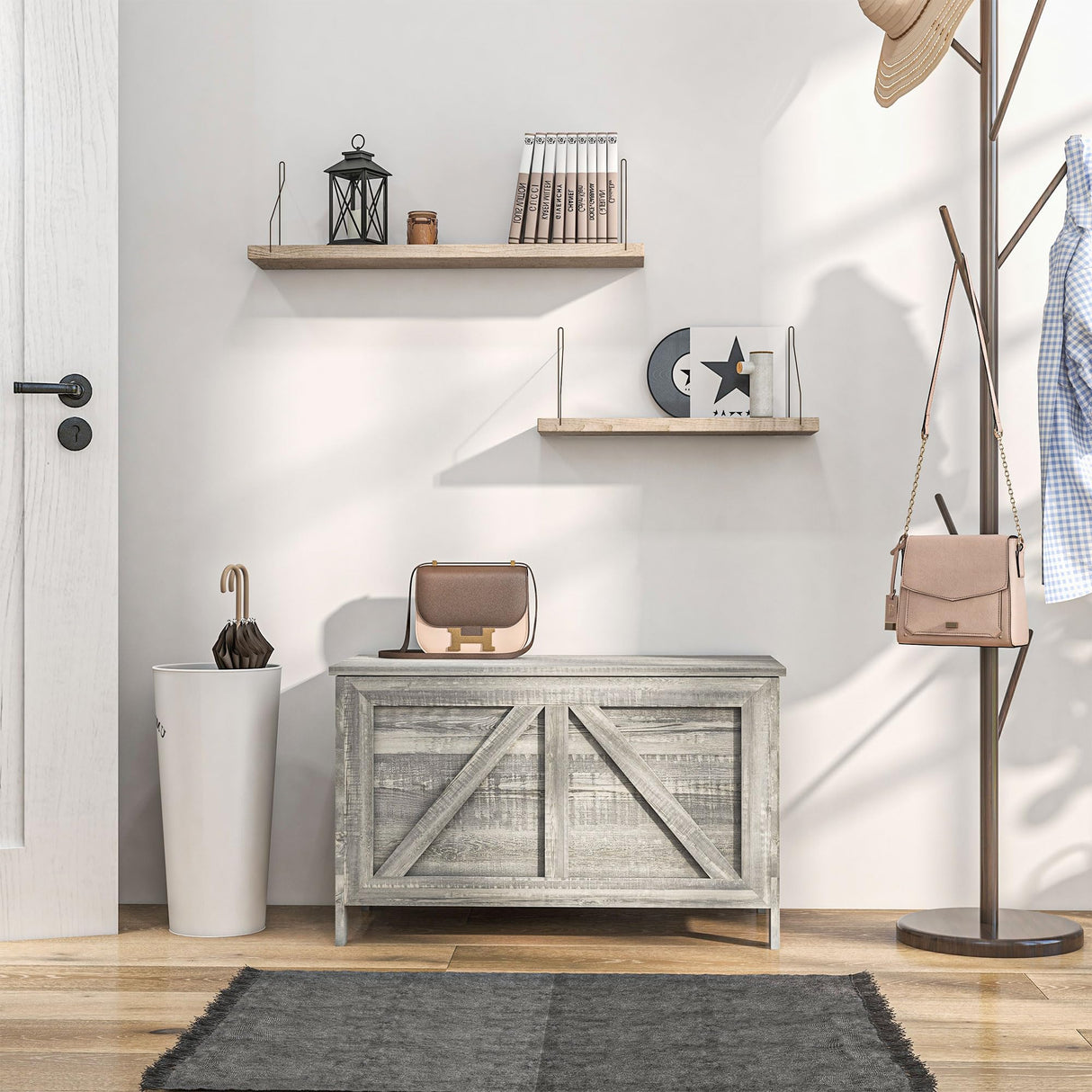 HOMCOM 30" Farmhouse Storage Chest, Lift Top Box Organizer with Safety Hinge to Open Up 100° for Bedroom, Entryway, Living Room, Gray Wood Grain HOMCOM