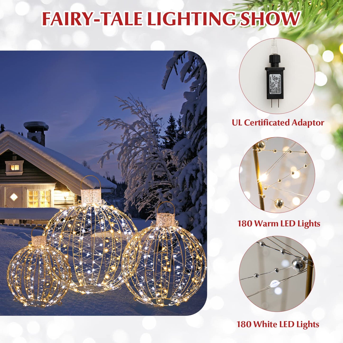 Tangkula Christmas LED Light Balls for Tree (3 Pack), Outside Lighted Sphere with 180 Warm White & 180 White LED Lights, Holiday Lighted Decorations, Christmas LED Light Balls for Indoor Outdoor Decor