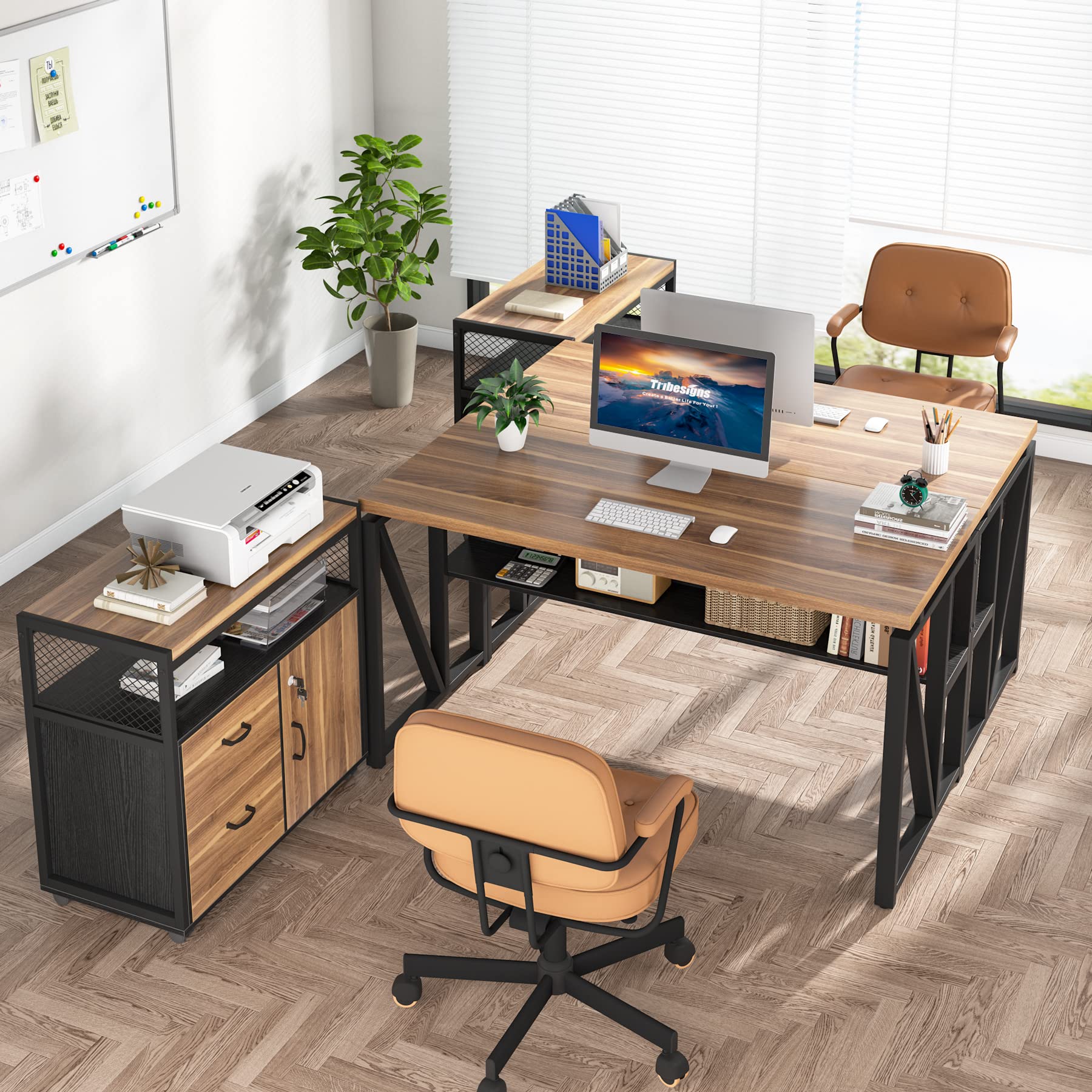 Tribesigns Office Desk with Drawers,55 inches L Shaped Computer Desk with Storage Shelves and Mobile File Cabinet, Executive Desk for Home Office Furniture Sets - WoodArtSupply