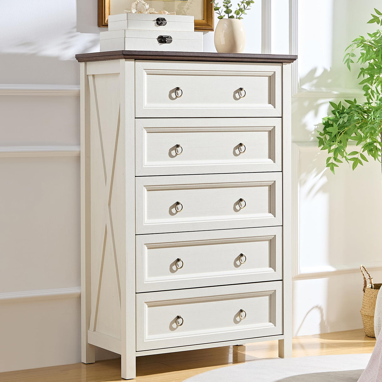 OKYCI Farmhouse Dresser Set for Bedroom,Includes Tall 5 Drawer Dressers & Double 6 Drawer Dresser, Antique White OKYCI