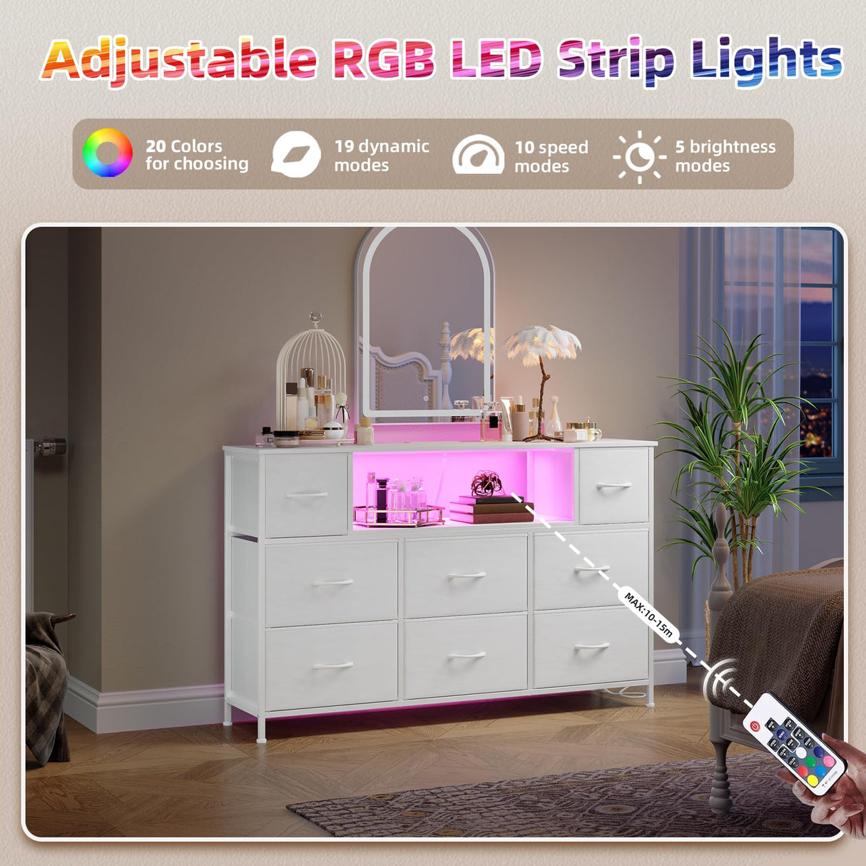 Somdot White TV Stand, Dresser for Bedroom for 55 inch TV with Charging Station and LED Lights, Media Console Table with 8 Drawers, Open Shelf, Adjustable Feet,Living Room Furniture Somdot