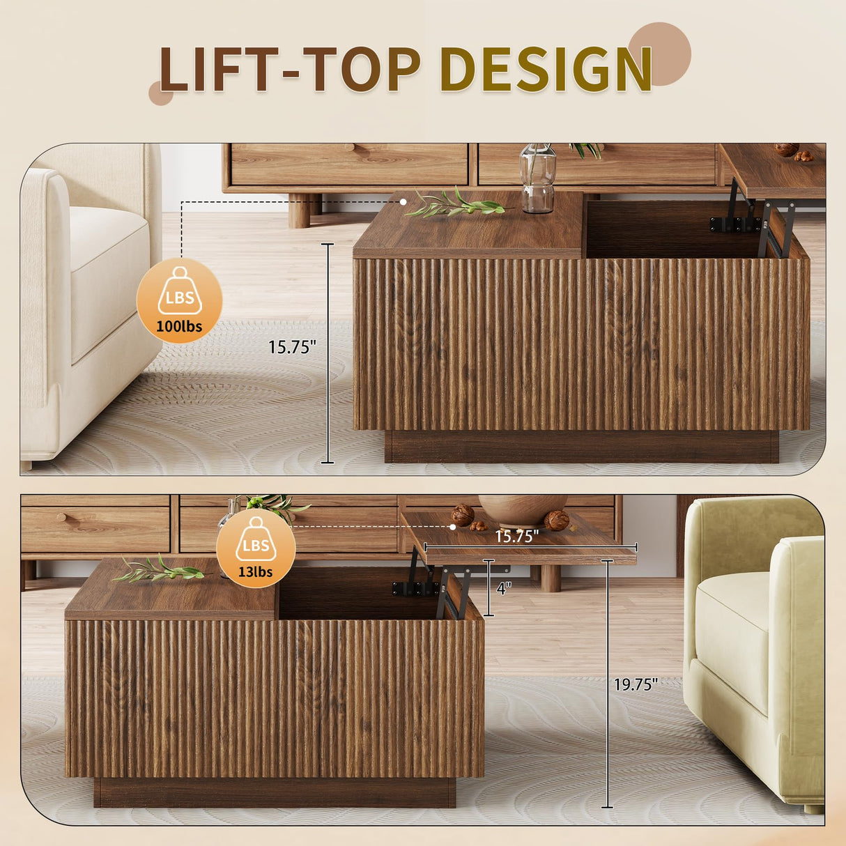 Epecoya Lift Top Coffee Table, Farmhouse Square Fluted Center Table, 31" Modern Wooden Tea Table with Hidden Storage for Living Room, Apartment, Small Spaces, Brown Walnut Epecoya