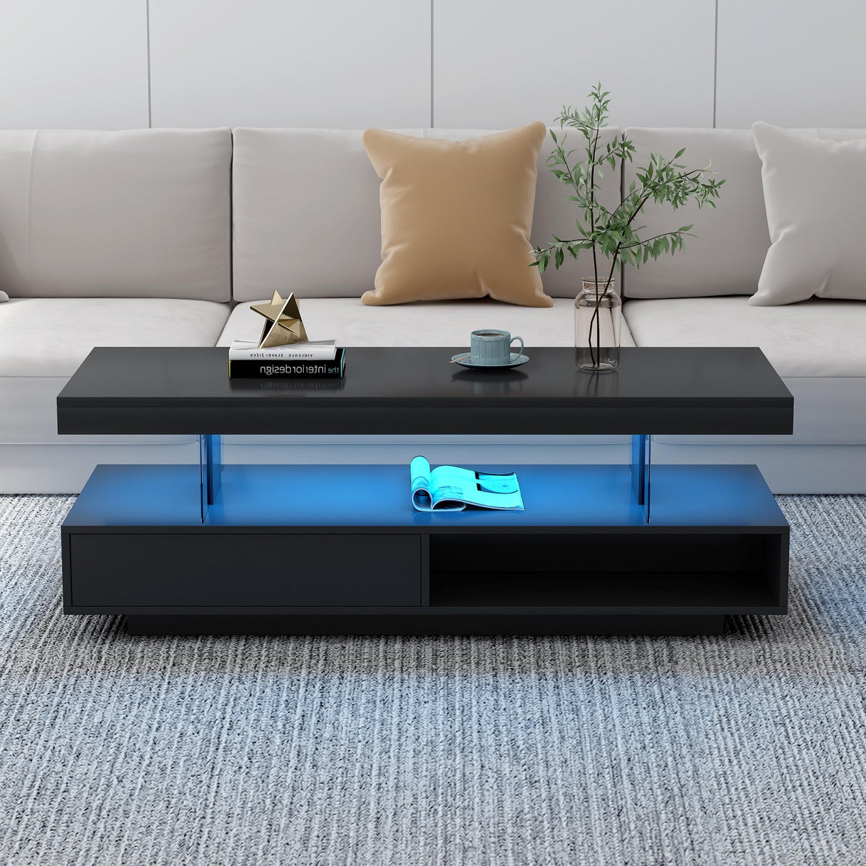 realglow LED Coffee Table with Storage, LED Coffee Tables for Living Room, High Gloss Coffee Table with LED Lights, Modern Center Table with Open Display Shelf & 2 Sliding Drawers (Black) realglow