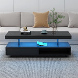 realglow LED Coffee Table with Storage, LED Coffee Tables for Living Room, High Gloss Coffee Table with LED Lights, Modern Center Table with Open Display Shelf & 2 Sliding Drawers (Black) realglow