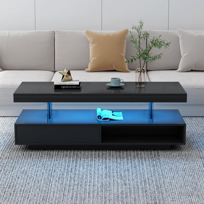 Merax Modern Center Coffee Table with 2 Storage Drawers, Display Shelves, and LED Lights, Accent Furniture for Living Room, 51.2" Length, Black - WoodArtSupply