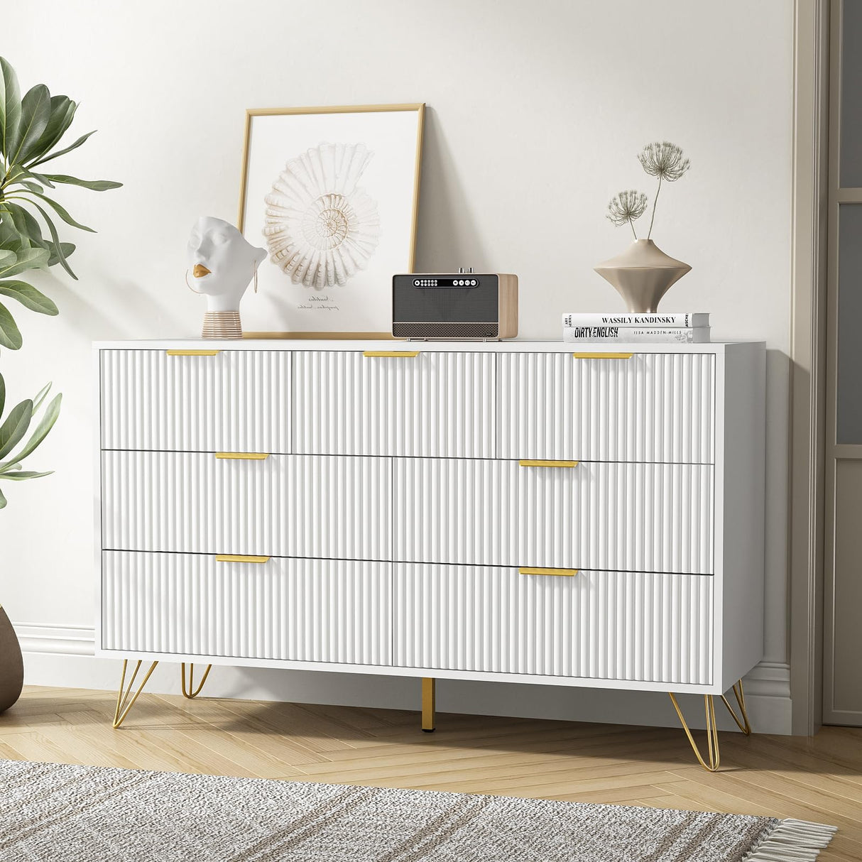 LYNSOM Dresser for Bedroom, Modern 7 Drawer White Dresser with Metal Handles and Wide Drawer, Wood Chest of Drawers for Living Room LYNSOM