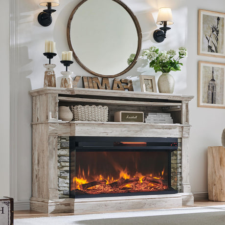 RedLemon Electric Fireplace with Mantel, 3-Sided Glass Farmhouse TV Stand with Fireplace for TVs up to 65", 52" Media Entertainment Center Console with Storage for Living Room, Antique Brush White RedLemon