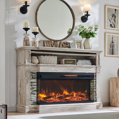 RedLemon Electric Fireplace with Mantel, 3-Sided Glass Farmhouse TV Stand with Fireplace for TVs up to 65", 52" Media Entertainment Center Console with Storage for Living Room, Antique Brush White