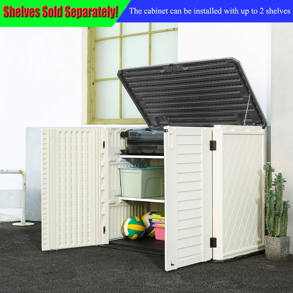 ADDOK Horizontal Storage Shed Weather Resistance, Large Outdoor Storage Cabinet Lockable, Thick HDEP Plastic Storage Unit for Backyards, Patio, Garden(26 Cu.ft/Ivory White) ADDOK