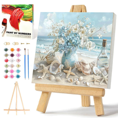 xcemhil Flower Paint by Numbers for Adults with Frame, Paint by Numbers Kit for Adults Beach, Framed Paint by Numbers Kit on Canvas for Gift Home Wall Decor 10x10 Inch xcemhil