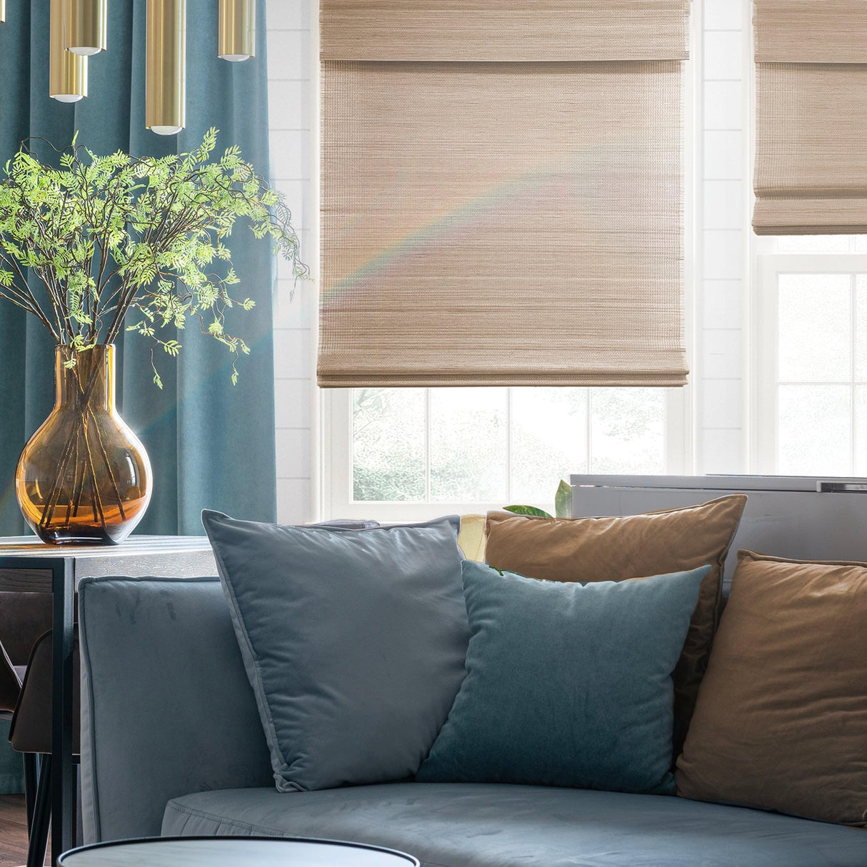MOOD Custom Bamboo Shades | Woven | Cordless Bamboo Roman Shades for Windows and Doors (Natural Woven) | Woven Hickory Wood (Sheer) | 31" W x 60" H Mood