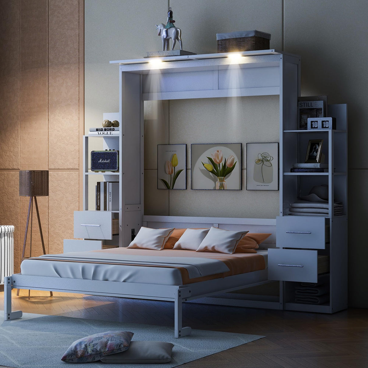 Ball & Cast Queen Size Murphy Bed,Murphy Bed Cabinet W/ 2 Four-Layer Shelves and 4 Drawers,Wall Bed W/LED Lights & Handle,Wood Folding Hidden Bed Frame for Guest Room,Bedroom,Living Room,White Ball & Cast